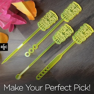 Custom Tiki Garnish Pick Set (of 4) for Tiki Cocktails and Tropical Drinks in Lowball Glass