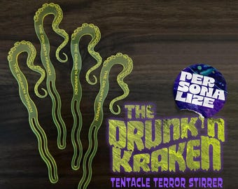 Personalized Kraken Octopus Tentacle Tiki Swizzle Sticks: Custom Acrylic Stirrers, Tiki Bar Decor