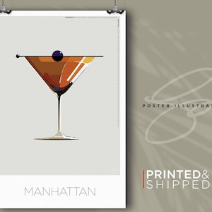 Manhattan Cocktail Poster Wall Art. Print of Illustration with Recipe and Mix Instructions.