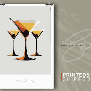 Martini Cocktail Poster Wall Art. Print of Illustration with Recipe and Mix Instructions.