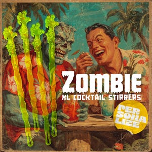 Personalized Zombie Tiki Swizzle Sticks. Custom Acrylic Drink Stirrer for Classic Tiki Cocktail Lovers and Halloween Parties