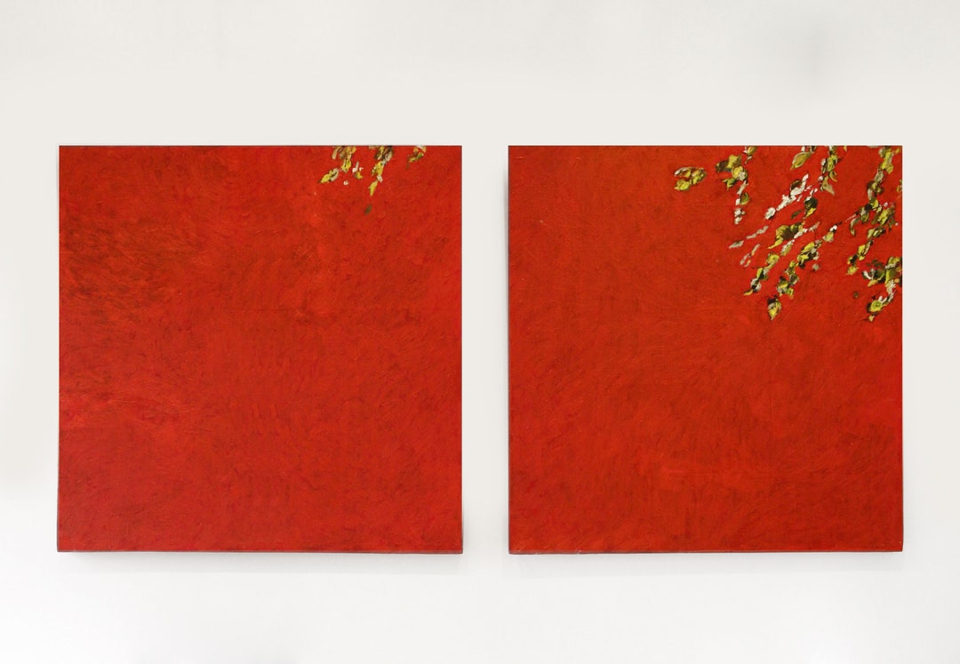 Double Oil Painting With Tree Branches and Leaves Blowing in the Wind