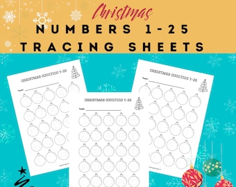 Christmas Number Tracing Printable, Number Writing Worksheets, Numbers 1-25 Printable, Missing Numbers Worksheets