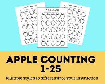 Apple Writing Numbers 1-25, Preschool, Kindergarten, First Grade Writing Sheets, Differentiate Writing Instruction Sheets, Number Tracing