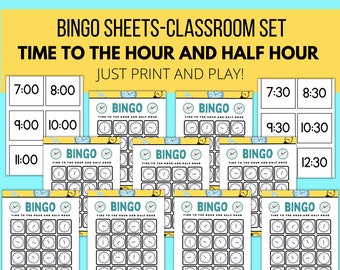 Bingo Sheets: Time to the hour and half hour, Telling Time Bingo Cards, Math Games Telling Time