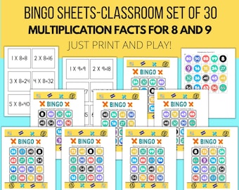 Multiplication Bingo, Math Facts 8 and 9, Bingo Math Game, Multiplication Games, Math Fluency Games, Multiplication fact 8 and 9, Bingo