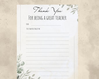 Teacher Appreciation Note, Teacher Thank You Letter, End of Year Letter to Teacher, Teacher Appreciation Letter, Teacher Appreciation Week