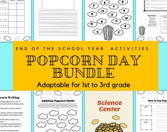 End of the School Year Popcorn Day Bundle, Popcorn Theme Day, Popcorn Lessons and Activities, 1st to 3rd Grades, Math, Writing and Science