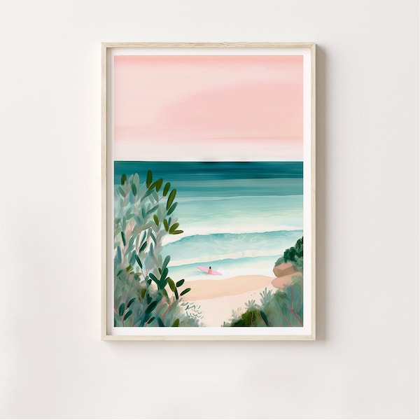 Affiche de voyage, surf à la plage – Jolie toile de peinture coloré, Biarritz, Sempe, Aquarelle, Illustration, Idée de cadeau