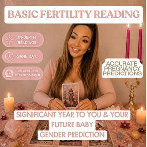 May include: A tarot card reading service advertisement featuring the text BASIC FERTILITY READING, ACCURATE PREGNANCY PREDICTIONS, and SIGNIFICANT YEAR TO YOU & YOUR FUTURE BABY GENDER PREDICTION. The image includes tarot cards, candles, and crystals.