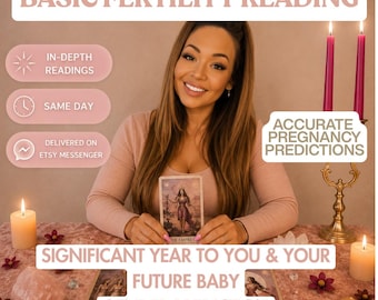 May include: A tarot card reading service advertisement featuring the text BASIC FERTILITY READING, ACCURATE PREGNANCY PREDICTIONS, and SIGNIFICANT YEAR TO YOU & YOUR FUTURE BABY GENDER PREDICTION. The image includes tarot cards, candles, and crystals.