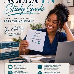 May include: A NursePrep Academy NCLEX-PN study guide advertisement featuring a stack of textbooks, a stethoscope, and a document showing a passing examination result. The text includes 494 pages, 1,400 original practice questions, detailed rationales, and clinical judgment practice.
