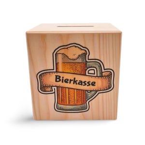 Spardose Holz "Bierkasse" – Geldbox mit Schloss & Schlüssel – Kiefernholz 10x10x10 cm – Geschenkidee für Bierliebhaber | Männer | Stammtisch