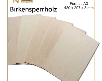 Laserfähige Sperrholzplatten Birke -A3 420 x 297 x 3 mm -Holz zum Basteln - Holzplatten für Bastelarbeiten - Holzzuschnitte