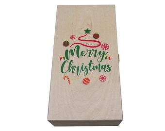 Boîte de Noël - Boîte pliante - Joyeux Noël - Boîte à couvercle pliant en bois avec impression - Boîte de rangement pour cadeaux - Boîte à vin en contreplaqué de bouleau