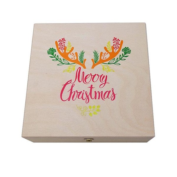 Weihnachtskiste - Klappkiste - Weihnachten - Klappdeckelbox Holz mit Druck- Aufbewahrungsbox für Geschenke - Holzbox aus Birkensperrholz