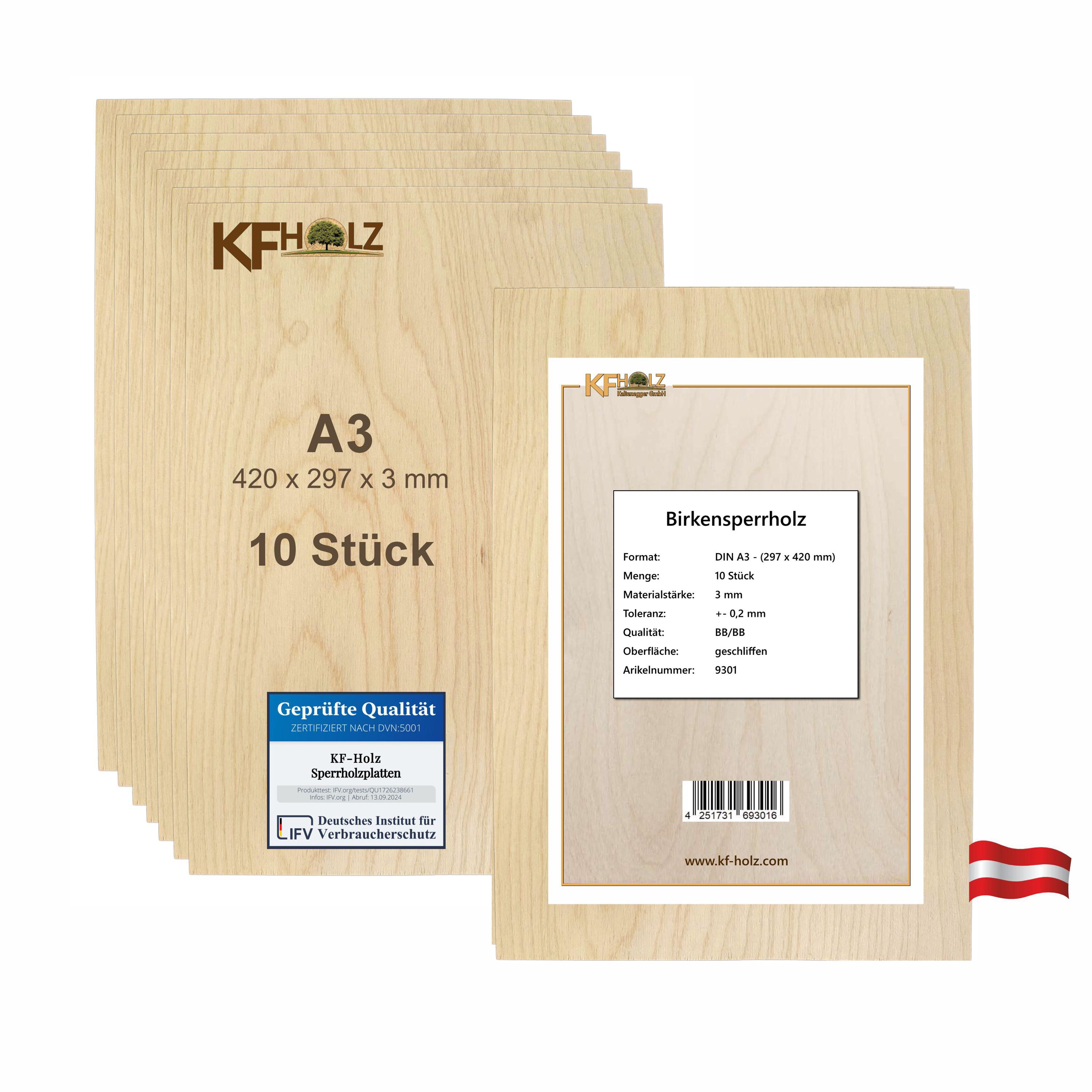 KF-Holz Premium birch plywood A3, 3 mm, 10 pieces - High-quality plywood panels for craft projects, model making, DIY & laser processing