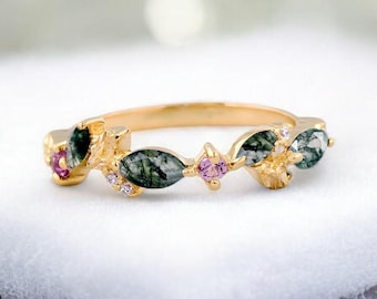 Leaf Branch Moss agate Wedding band 18K Rose Gold Marquise Alexandrite Moissanite marriage ring Dainty ring Promise Anniversary wedding band
