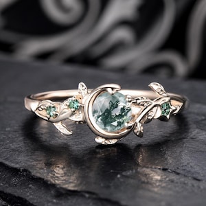 Moss Agate Moon Ring, Nature Inspired Vine Engagement Ring, Fantasy Gold Promise Ring, Celestial Bridal Jewelry Gift for Her