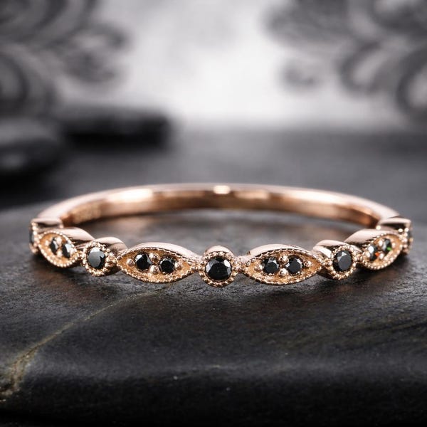Black Diamond Vintage Wedding Band, Rose Gold Marquise Ring, Art Deco Dainty Stackable Band, Unique Bridal Ring, Minimalist Gift