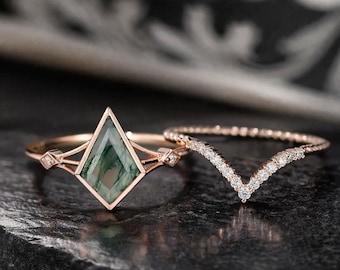 Vintage Kite Cut Green Moss Agate Engagement Ring Set, 14k Rose Gold Moissanite Ring For Women, Women Unique Promise  Mother's Day Gifts