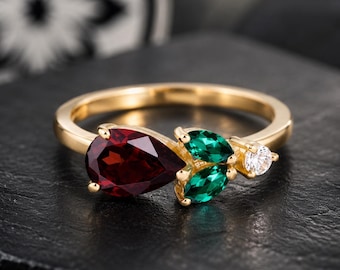 Ruby and Emerald Engagement Ring, Gold Nature Inspired Promise Ring, Pear Cut Gemstone Ring, Unique Bridal Jewelry Gift