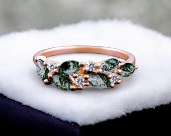 Marquise Cut Natural Moss Agate Wedding Band, Cluster Wedding Band Bridal Moissanite Ring, Vintage Half Eternity Jewelry Band Gift For Love