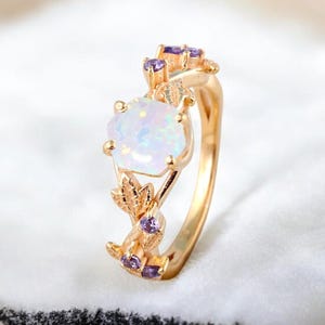 Twig opal ring vintage hexagon cut white opal engagement ring white gold leaf amethyst ring women October birthstone ring personalized Gifts