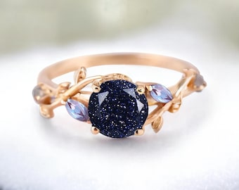 Round Cut Blue Sandstone Engagement Ring Leaf Solitaire Ring Alternative Gemstone Ring Marquise Alexandrite Anniversary Ring Wedding Gift