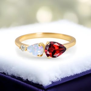 Antique Red Garnet Opal Engagement Ring,Pear Cut Gems,Art Deco Moissanite Wedding Band,3 Stone Unique Women Bridal Promise Ring,Custom Ring