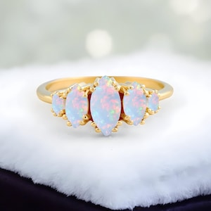 Elegant Marquise White Opal Engagement Ring, 14k Solid Yellow Gold Art Deco Ring, Dainty Bridal Eternity Jewelry, Wedding Promise Ring Gift