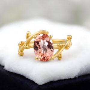 Oval Peach Morganite Ring, Twig Leaf Solitaire Ring, 925 Sterling Silver, 6×8 Mm Gemstone Branch Ring Women Stacking Jewelry Gift For Bridal