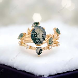 Unique oval cut green moss agate engagement ring rose gold art deco cluster leaf nature inspired bridal promise wedding Personalized Gifts