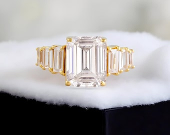 Emerald Cut Moissanite Engagement Ring, Baguette Wedding Promise Ring, 14K Gold Anniversary Ring For Women, Art Deco Proposal Gold Ring Gift