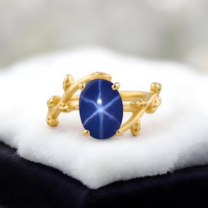 Oval Blue Star Sapphire Ring, Lindy Star Ring, 925 Sterling Silver, 6rays Star, 6×8 Mm Cabochon Gemstone, Leaf Branch Star Sapphire Gifts
