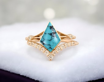 Vintage Kite Cut Turquoise Engagement Ring Set, 14k Rose Gold Moissanite Ring For Women, Women Unique Bridal Promise Wedding Ring Set Gift