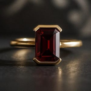 May include: A gold ring with a rectangular, deep red gemstone. The gemstone is set in a gold bezel, and the band is a simple, thin gold. The ring is displayed on a dark surface, with a blurred background.