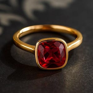 K&ouml;nnte beinhalten: Ein goldener Ring mit einem quadratischen, tiefroten Edelstein. Das Band des Rings ist aus poliertem Gold, und der Edelstein ist in einer goldenen L&uuml;nette gefasst. Der Ring wird auf einer dunklen Oberfl&auml;che pr&auml;sentiert, um seine Farbe und sein Design hervorzuheben.