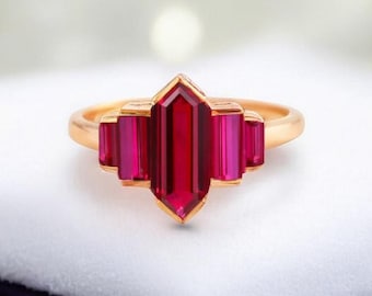 Vintage Long Hexagon Ruby Engagement Ring, Vintage Rose Gold Bezel Set Sterling Silver Ruby Promise Ring, Wedding Ring Ruby Bridal Ring Gift