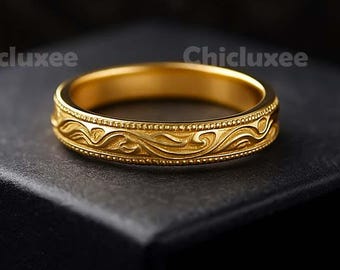 Elegant Hand Engraved 925 Sterling Silver Floral Leaf Ring 14k Rose Gold Vermeil Ring, Proposal Promise Anniversary Ring For Your Loved Ones