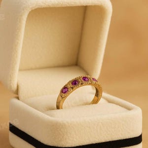 Solid 14K Yellow Gold Ruby Ring, Ruby Wedding Band For Women With 1.5mm Stones in Half Eternity, Available in White Gold and Rose Gold