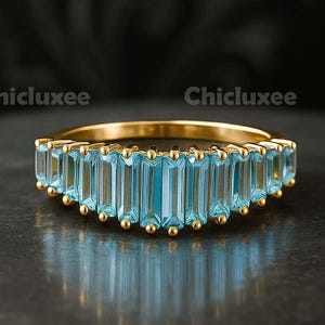 Aquamarin Baguette Ehering Gold Stapeln Eternity Ring, März Birthstone Ring, Minimalist Brautschmuck Geschenk