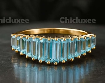 Aquamarine Baguette Wedding Band, Gold Stacking Eternity Ring, March Birthstone Ring, Minimalist Bridal Jewelry Gift
