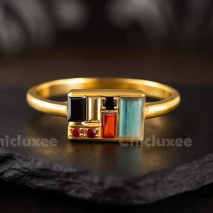 Vintage boxring met meerdere edelstenen, 14K massief gouden baguette labradoriet statement ring, antieke art deco verlovingsring sieraden, cadeau voor haar