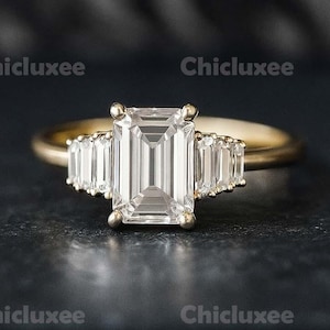 Emerald Cut Moissanite Engagement Ring, Baguette Wedding Promise Ring, 14K Gold Anniversary Ring For Women, Art Deco Proposal Gold Ring Gift