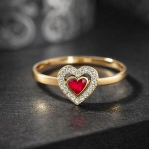 Anillo de corazón de rubí, anillo de promesa de oro para mujer, anillo de compromiso romántico en forma de corazón, delicado regalo de joyería de San Valentín para ella.