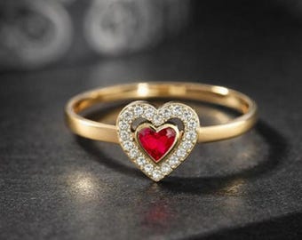 Ruby Heart Ring, Gold Promise Ring for Women, Romantic Heart Engagement Ring, Dainty Valentine Jewelry Gift for Her