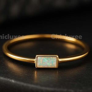 Pierścionek zaręczynowy z opalem ognistym szlifowanym bagietką, ręcznie wykonany z 14-karatowego złota w stylu art déco, prezent na rocznicę z okazji październikowego urodzin, pierścionek do łączenia, prezent dla niej