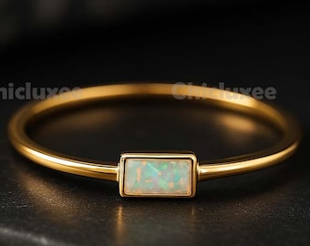 Baguette Cut Fire Opal Engagement Gold Ring, 14k Gold Handmade Art Deco, October Birthstone Anniversary Gift, Stacking Ring, Gift For Her
