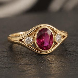 Könnte beinhalten: Ein goldener Ring mit einem großen ovalen Rubin in der Mitte und zwei kleineren runden Diamanten. Der Ring hat ein zartes, fließendes Design und ist vor einem dunklen Hintergrund platziert.